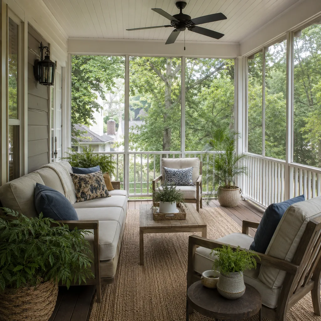 Realistic editorial photo of a screened porch with sofa, chairs, rug, plants, ceiling fan, screens, and soft daylight showing side table near the main chair