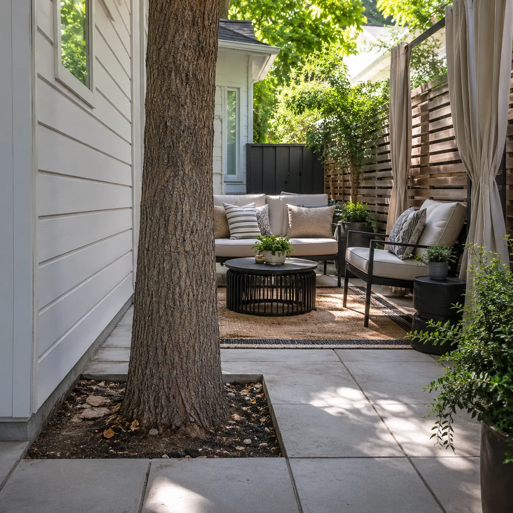 Realistic editorial photo of a small patio with compact seating, outdoor rug, plants, side table, curtains, and privacy screen showing tree planted too close to