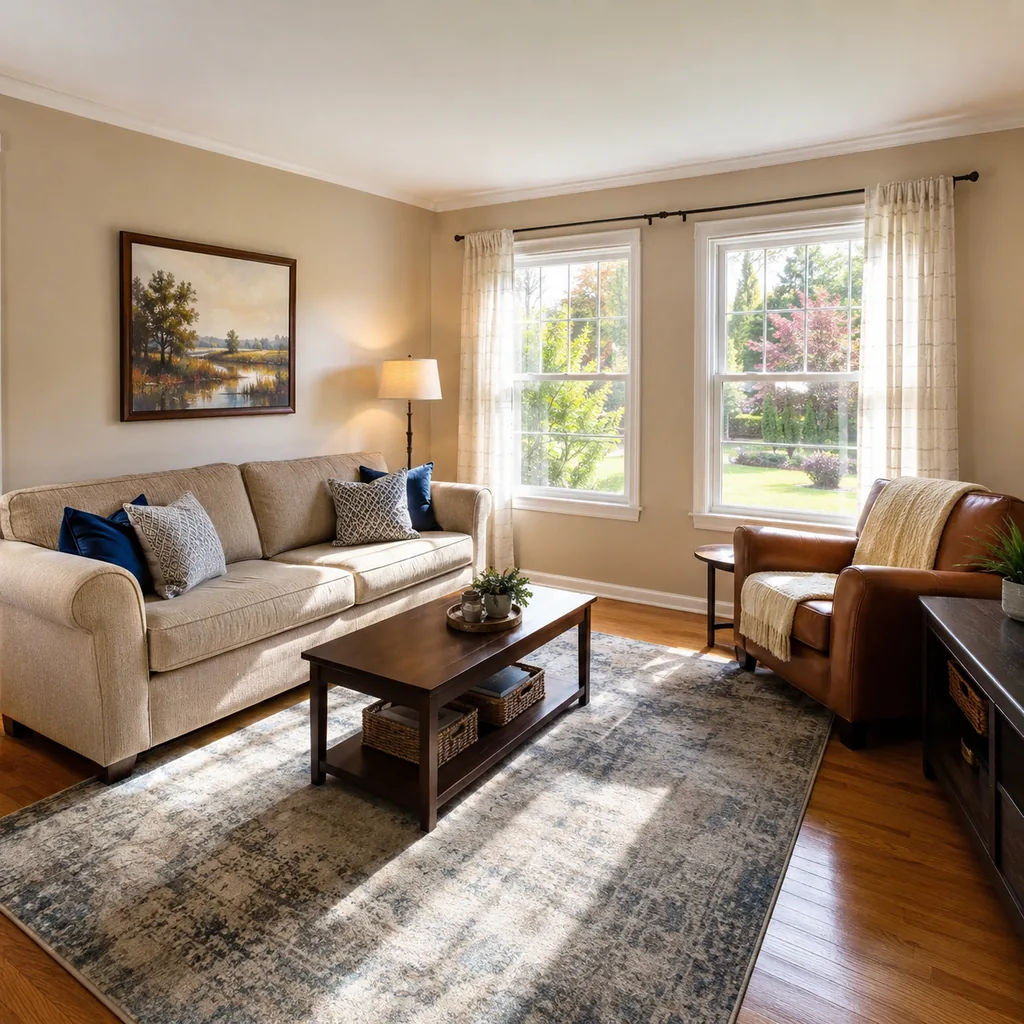 Realistic editorial photo of a staged American living room with sofa, rug, windows, lighting, and buyer-facing details showing room edited before anything new i
