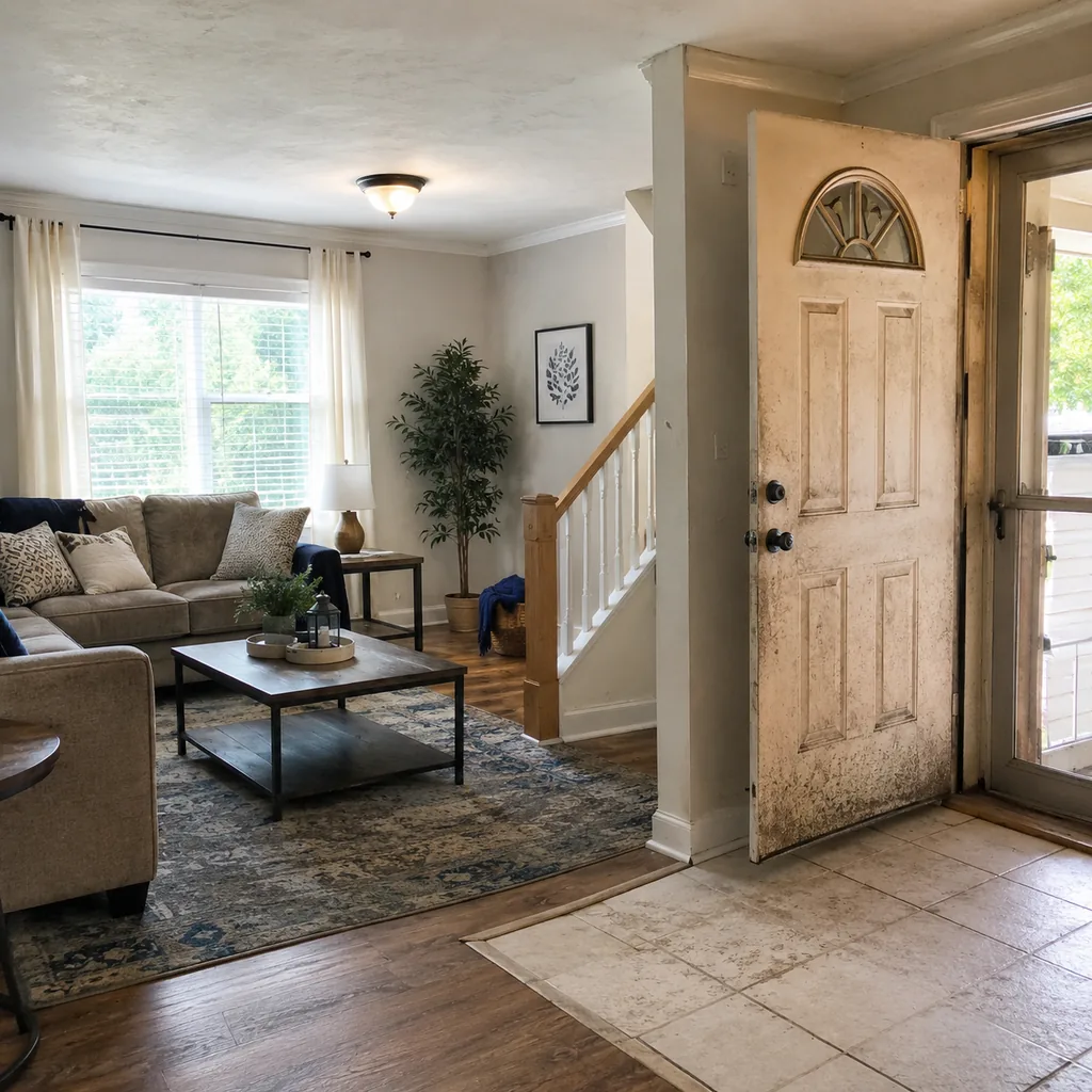 Realistic editorial photo of a staged home interior with living room, entry, lighting, furniture placement, and listing-photo details showing front door that lo