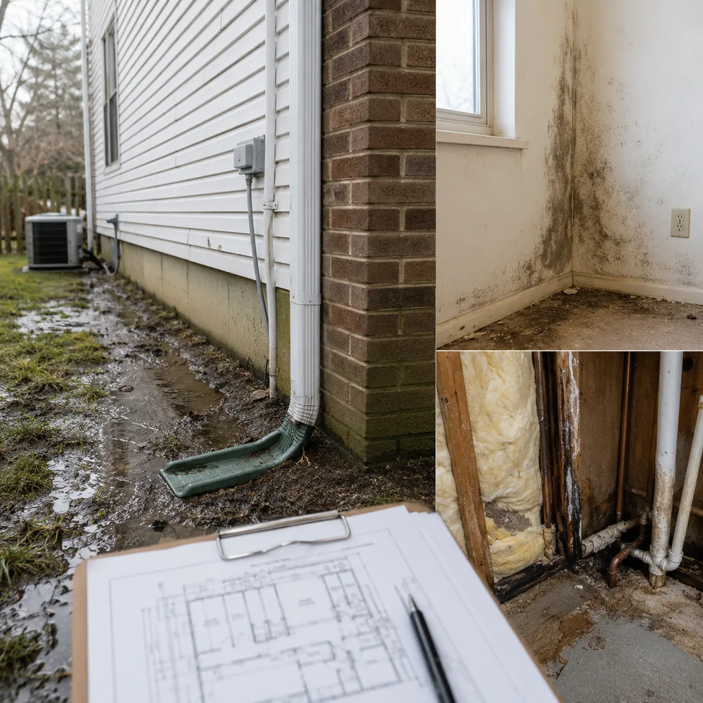 Realistic editorial photo of a suburban American home with appraisal paperwork, exterior details, utilities, and interior repair clues showing poor drainage bes