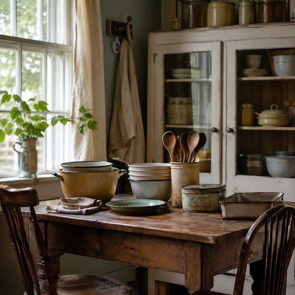 Realistic editorial photo of a vintage kitchen table with bowls, enamel cookware, utensils, tins, and warm window light showing tables with real leaves and hard