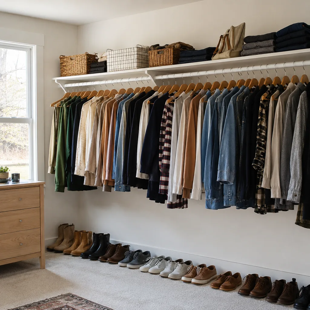 Realistic editorial photo of an American closet showing using one long hanging rod