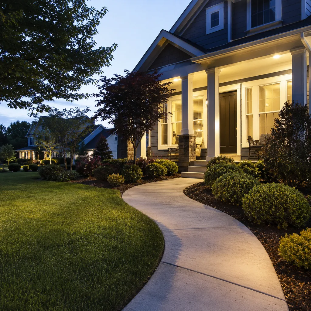 Realistic editorial photo of an American front yard with lawn, shrubs, walkway, mulch beds, trees, and a front porch showing lighting that turns harsh after sun