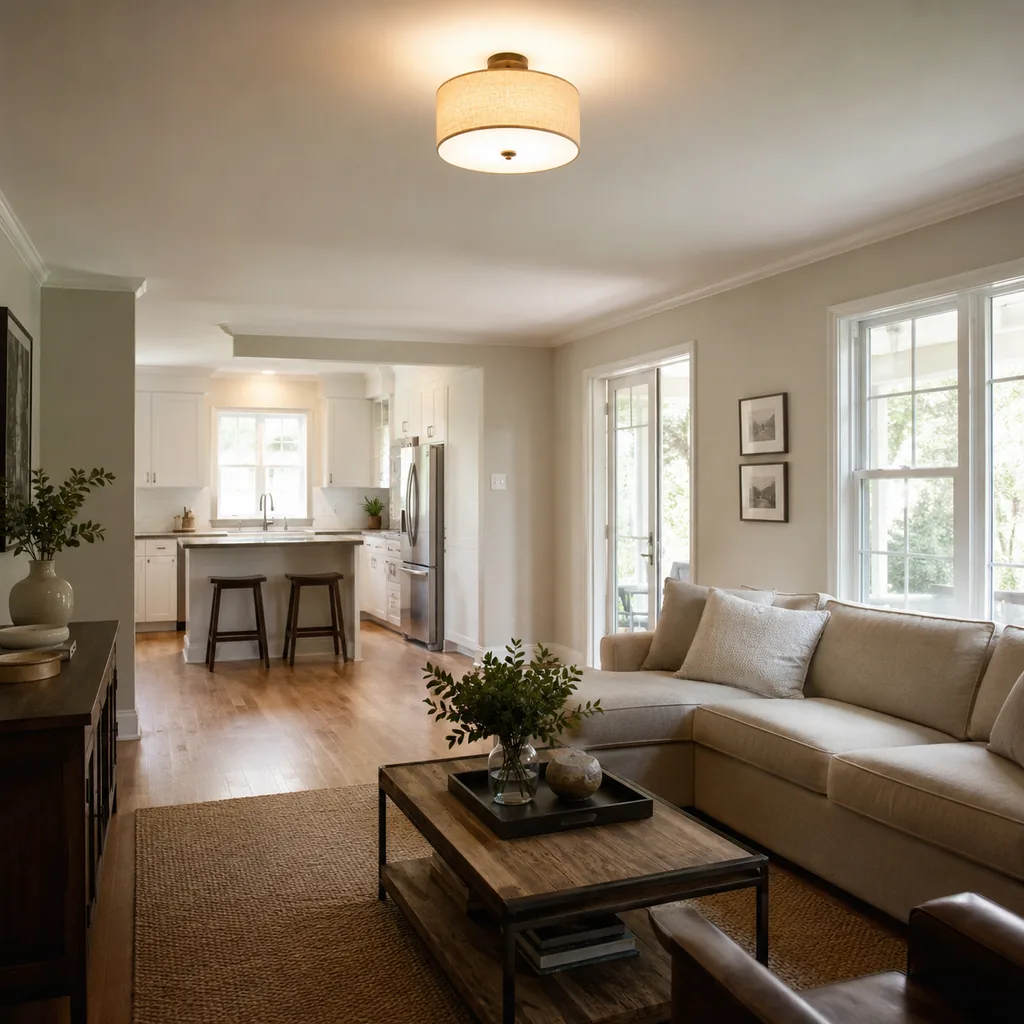 Realistic editorial photo of an American home lighting showing relying on one ceiling fixture