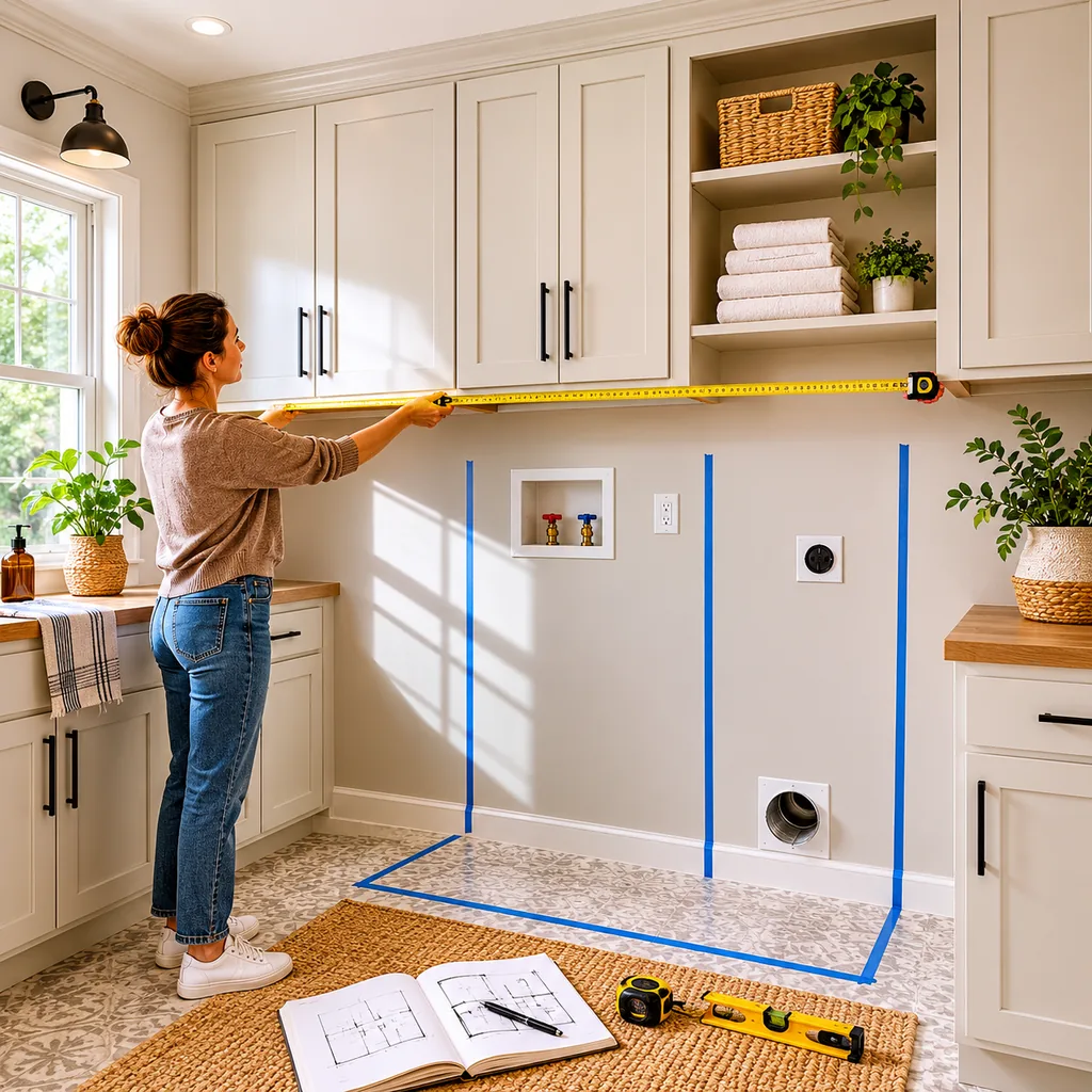 Realistic editorial photo of an American laundry room showing planning cabinets before measuring machines
