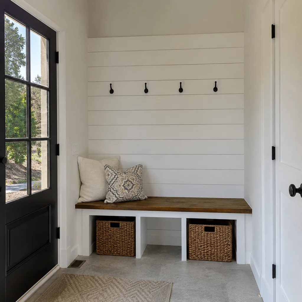 Realistic editorial photo of an American mudroom showing building few hooks