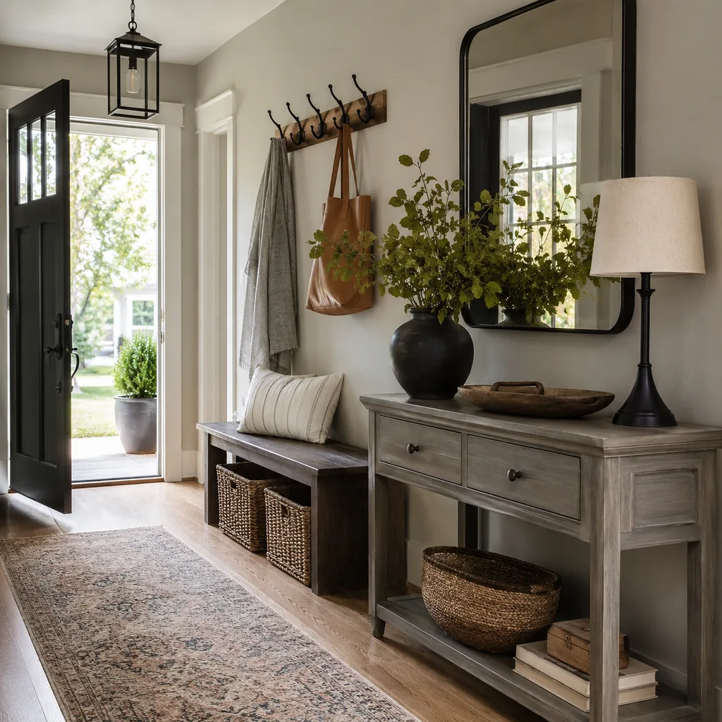 Realistic editorial photo of an entryway with console table, mirror, bench, hooks, rug, lighting, and storage showing familiar shape in a new finish