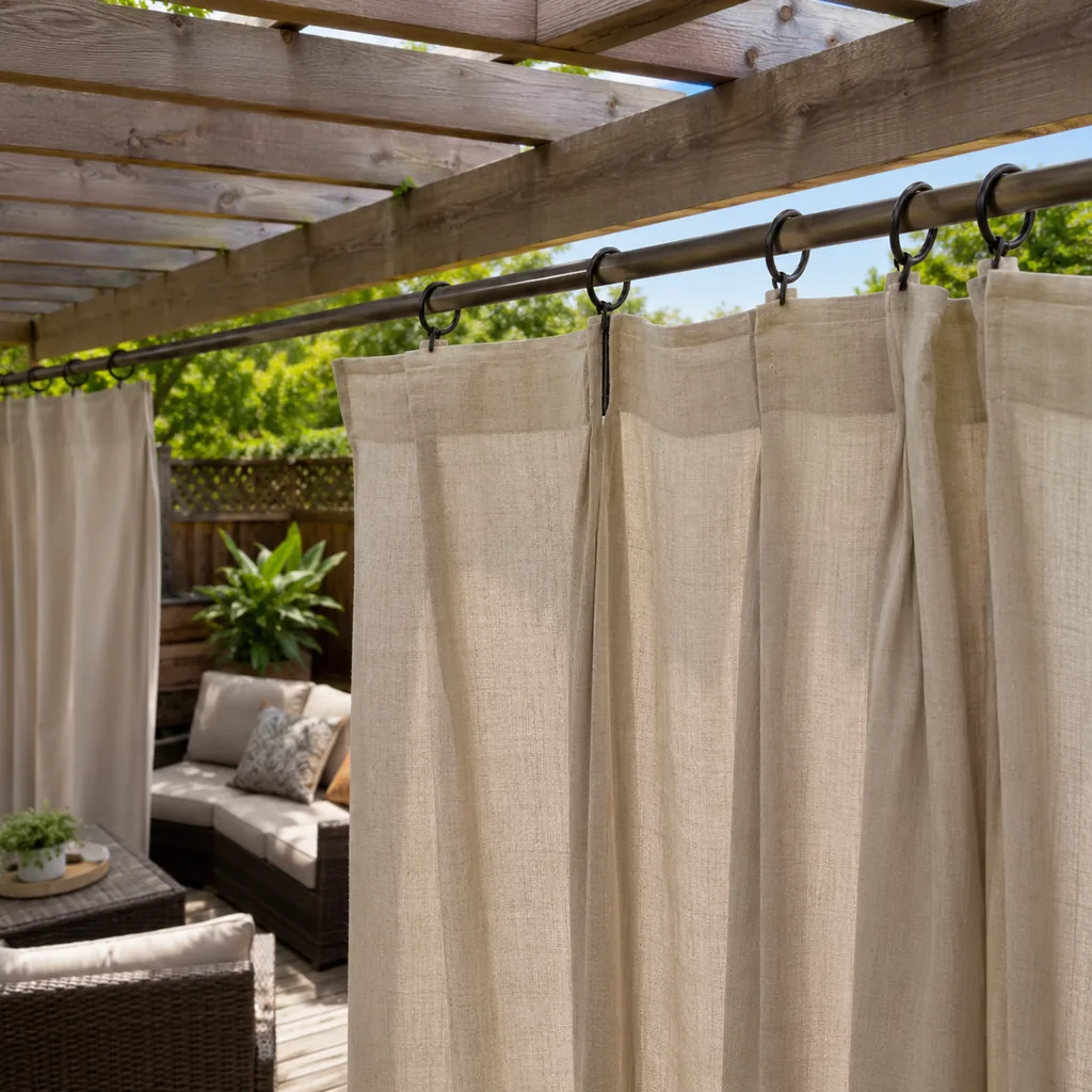 Realistic editorial photo of an outdoor patio with pergola curtains, seating, plants, fabric panels, and sunlight showing curtain rings too small for the rod