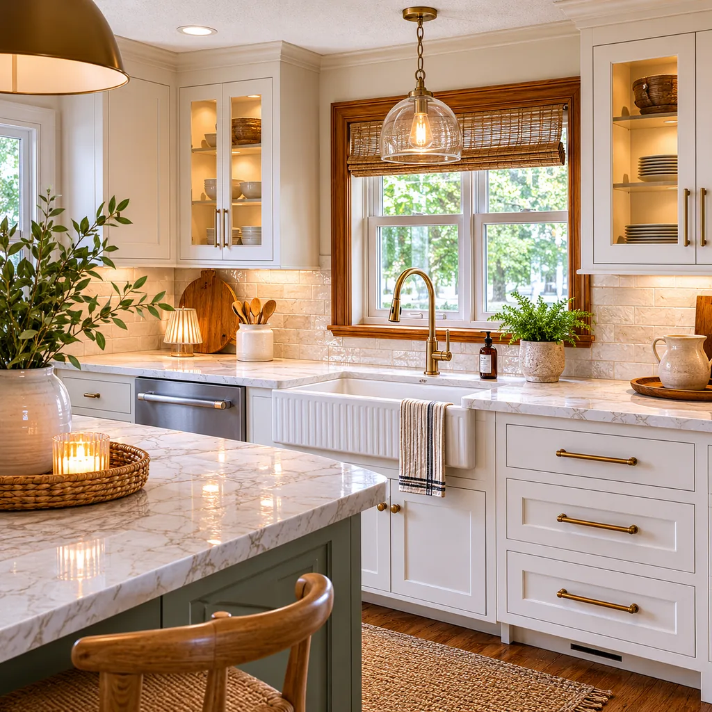 Realistic editorial photo of an updated kitchen with new counters, cabinets, backsplash, sink, hardware, and lingering dated details showing new stone beside ti