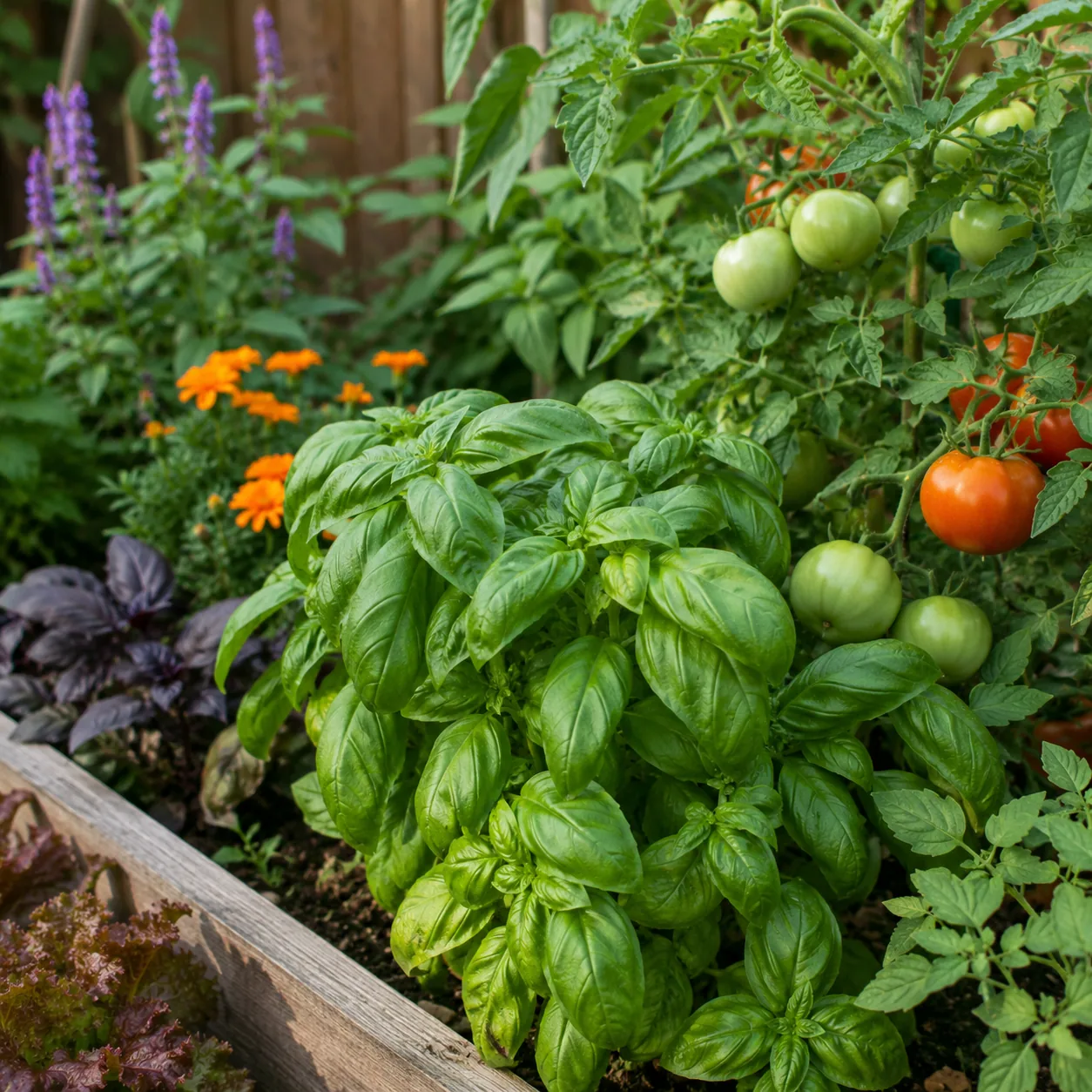 Realistic editorial photo of Basil near tomatoes growing in a practical edible and flower garden, realistic editorial ph