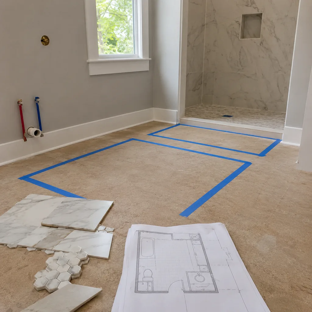 Realistic editorial photo of bathroom remodel plans, tile samples, and blue painter tape marking a vanity and shower footprint on the floor