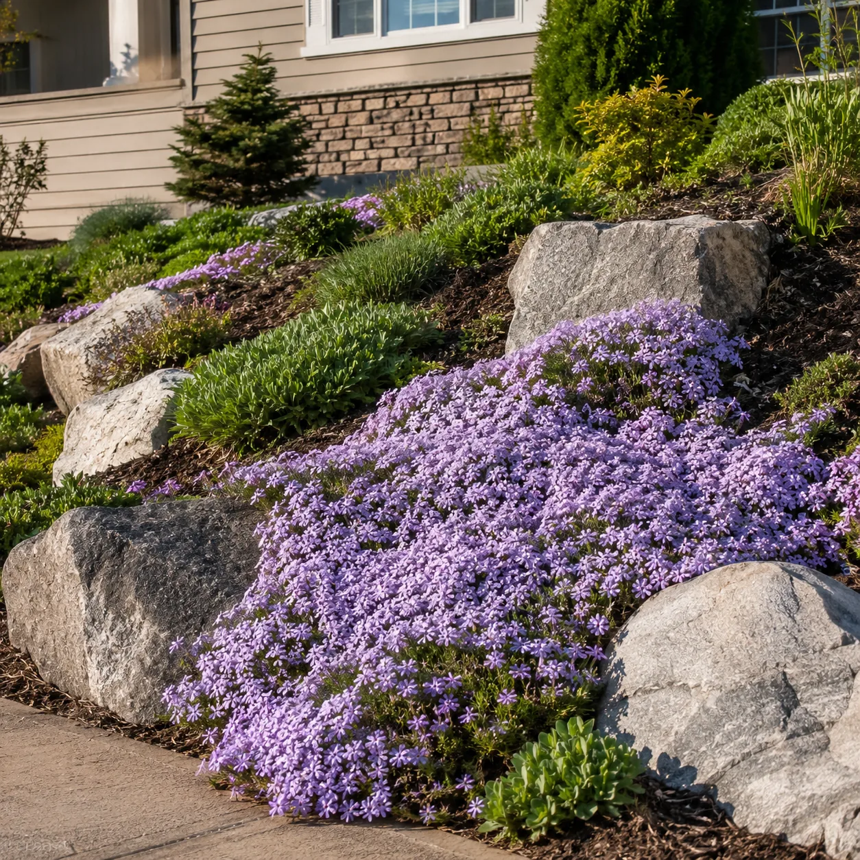 Realistic editorial photo of Creeping phlox growing in sloped front yard planted with controlled ground covers, realisti