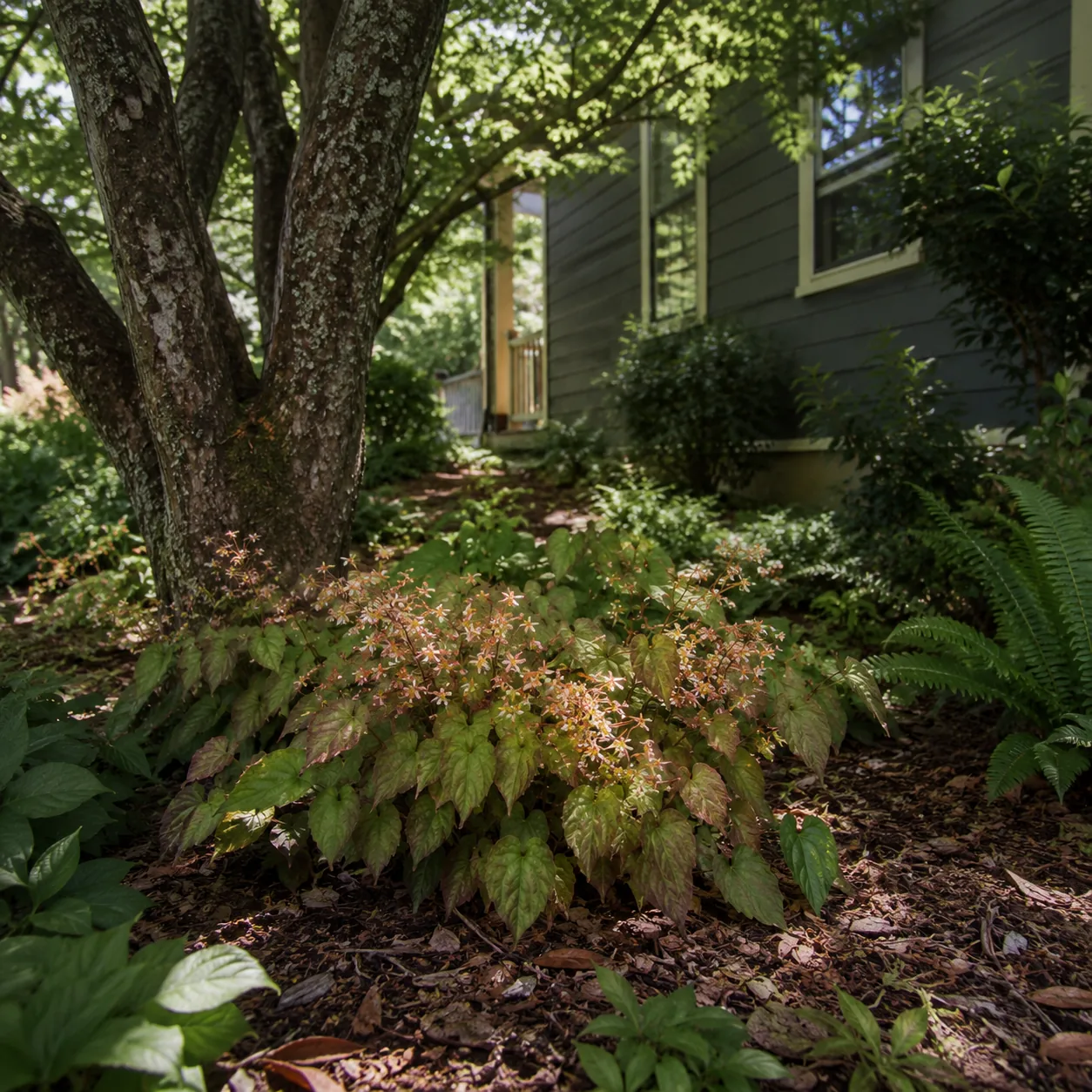 Realistic editorial photo of Epimedium growing in dry shady side yard under mature trees planted with shade tolerant pla