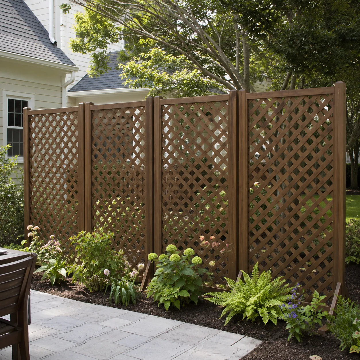 Realistic editorial photo of freestanding lattice panels in an ordinary backyard needing privacy, realistic editorial ph
