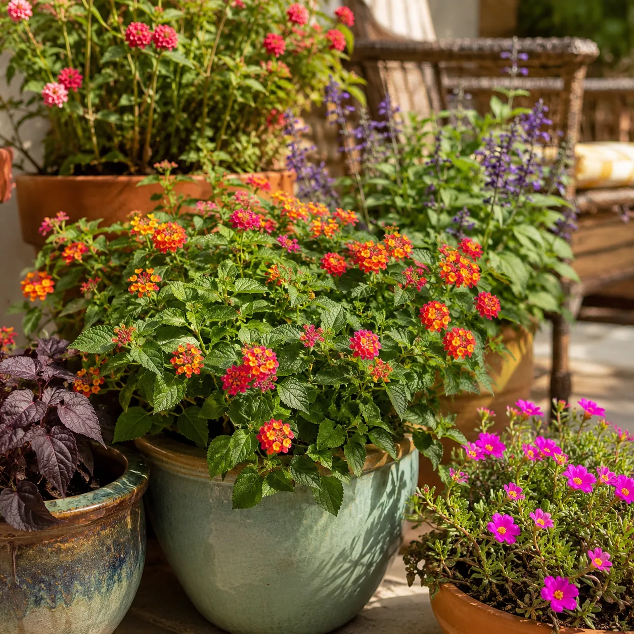 Realistic editorial photo of Lantana growing in sunny patio containers with heat tolerant flowering plants, realistic ed