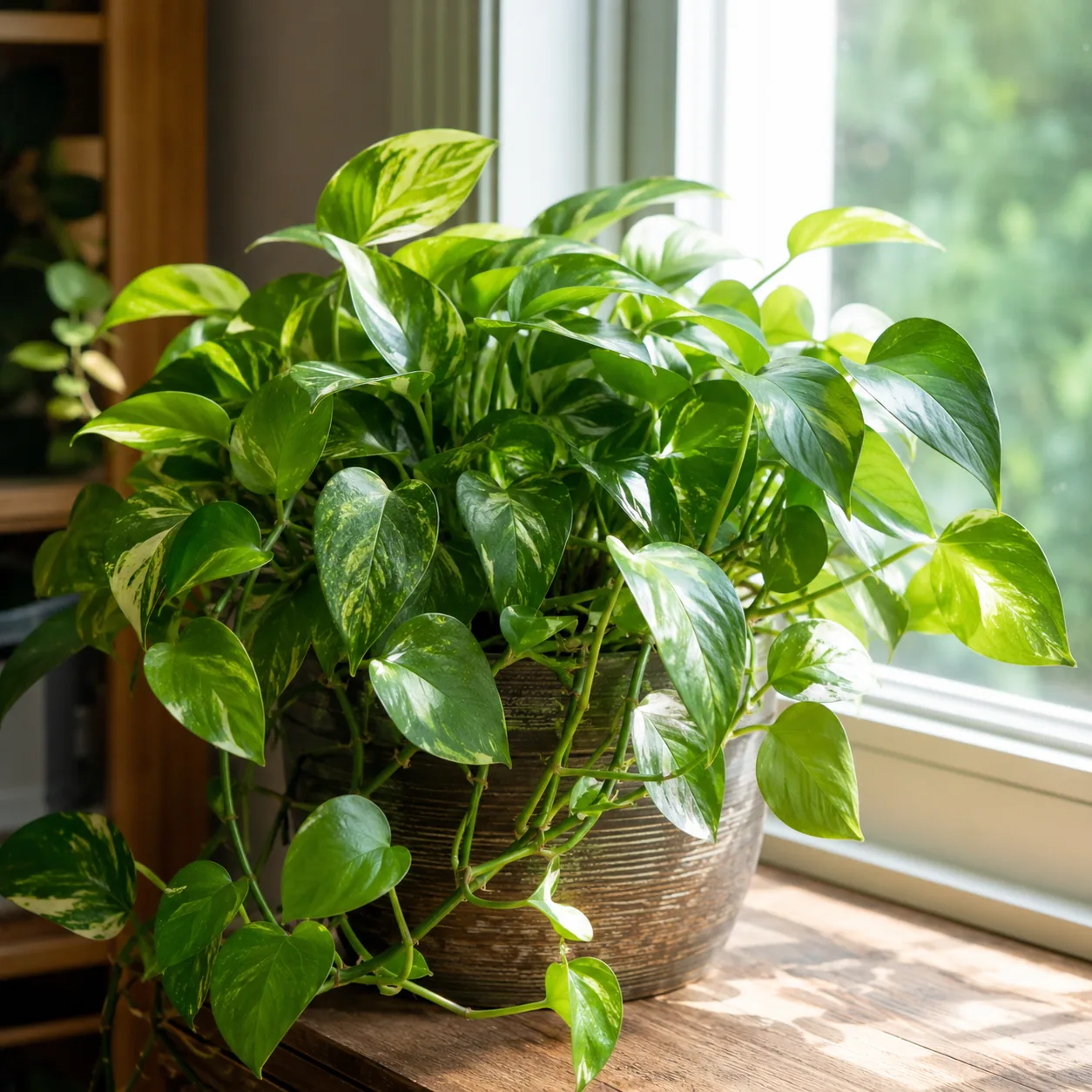 Realistic editorial photo of pothos plant near a bright window with full green leaves and soft daylight, warm natural li