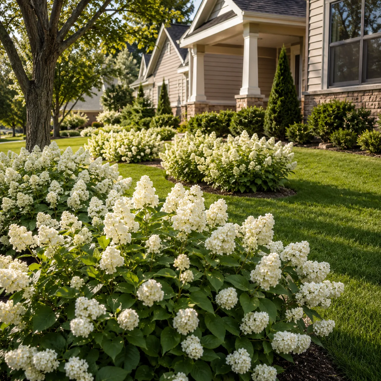 Realistic editorial photo of repeat one plant in drifts in polished suburban front yard, realistic editorial photo, natu
