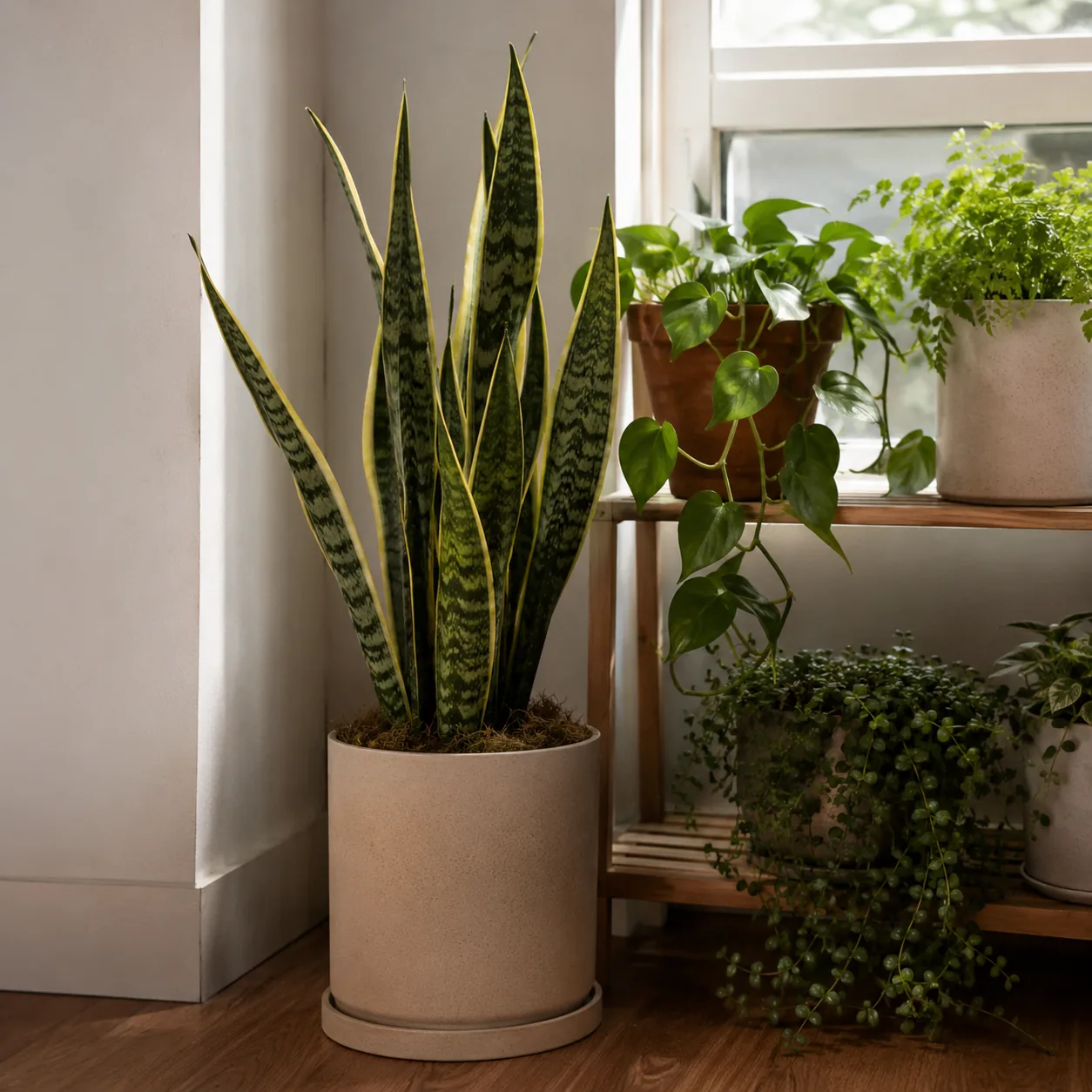 Realistic editorial photo of Snake plant growing in low light room corner with houseplants near a window, realistic edit
