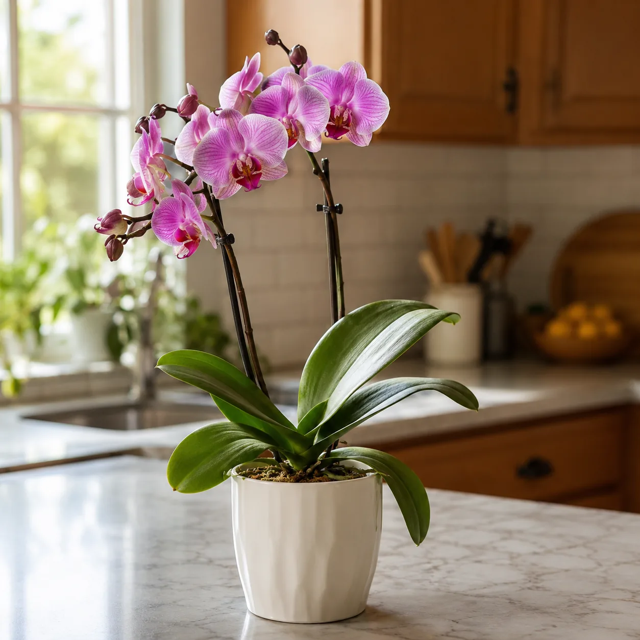 Realistic editorial photo of supermarket phalaenopsis orchid with thick green leaves on kitchen counter, warm natural li