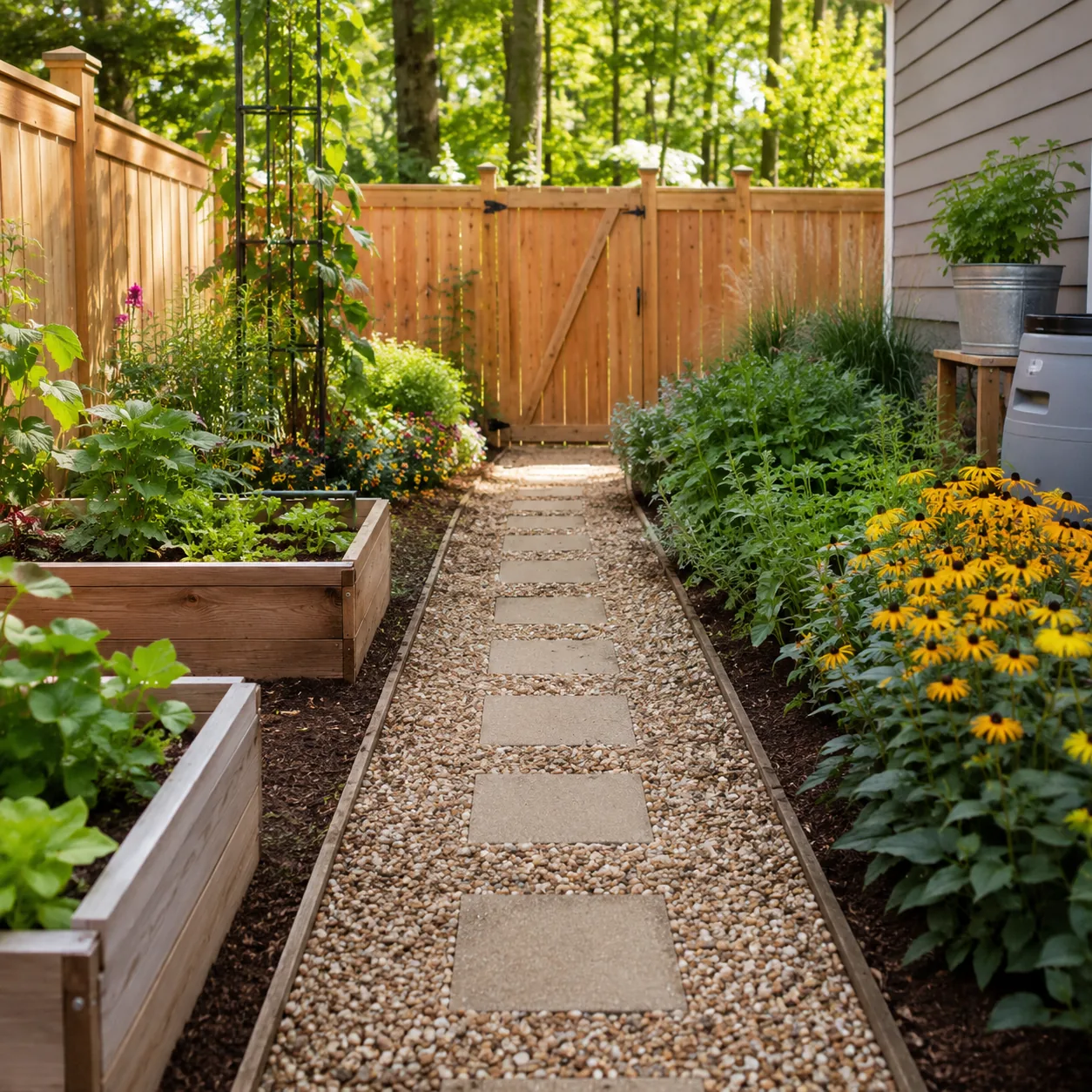 Realistic editorial photo of use one clear main path in small fenced backyard, realistic editorial photo, natural light,