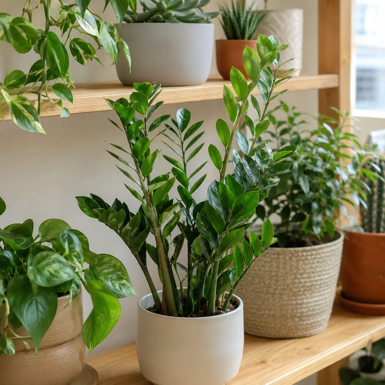 Realistic editorial photo of ZZ plant growing in bright indoor shelf with low maintenance houseplants, realistic editori