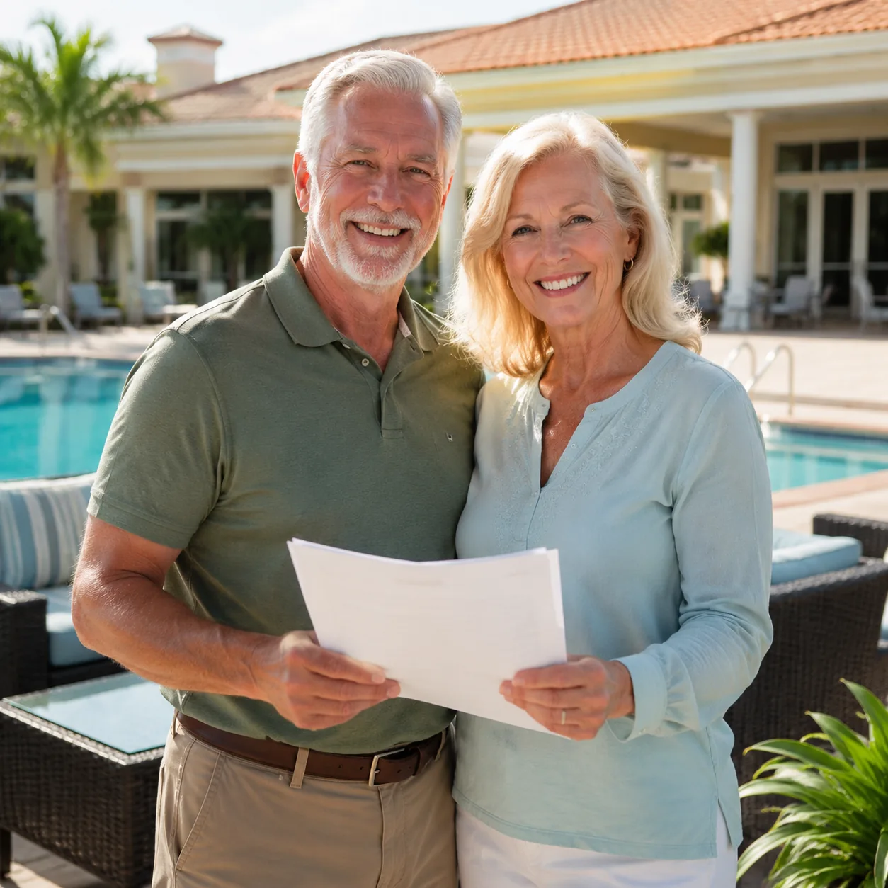 55 plus community clubhouse pool area with older couple holding membership paperwork, realistic editorial lifestyle phot