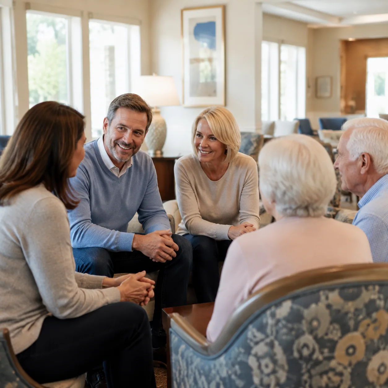 adult children speaking with another family in assisted living common room, realistic editorial lifestyle photography fo