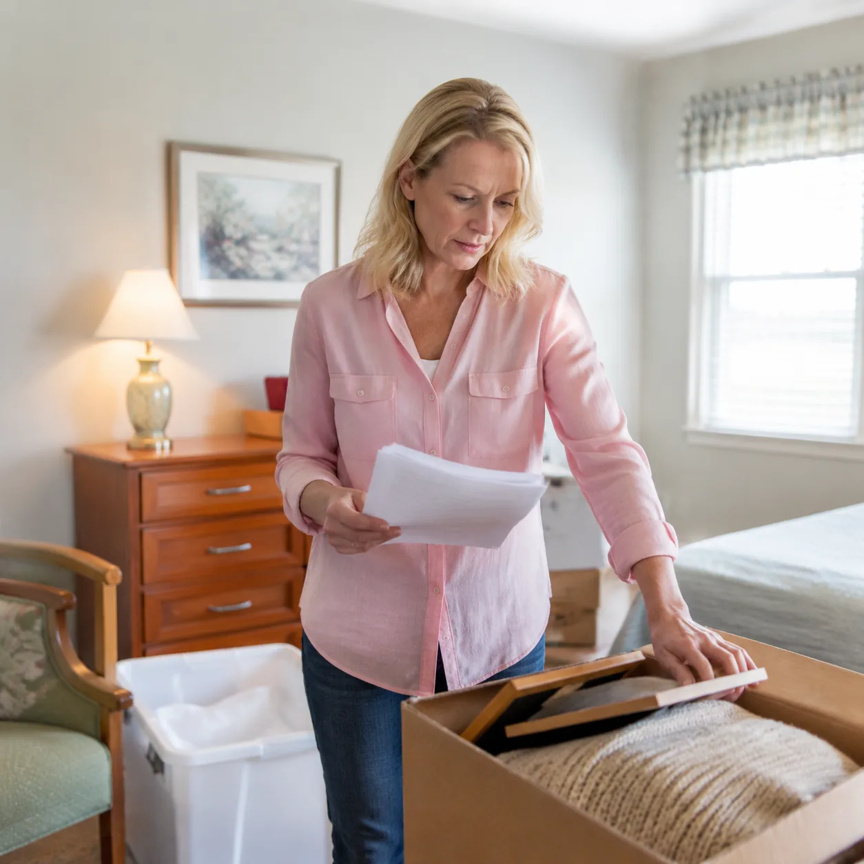 adult daughter packing assisted living room while reviewing move-out checklist, realistic editorial lifestyle photograph
