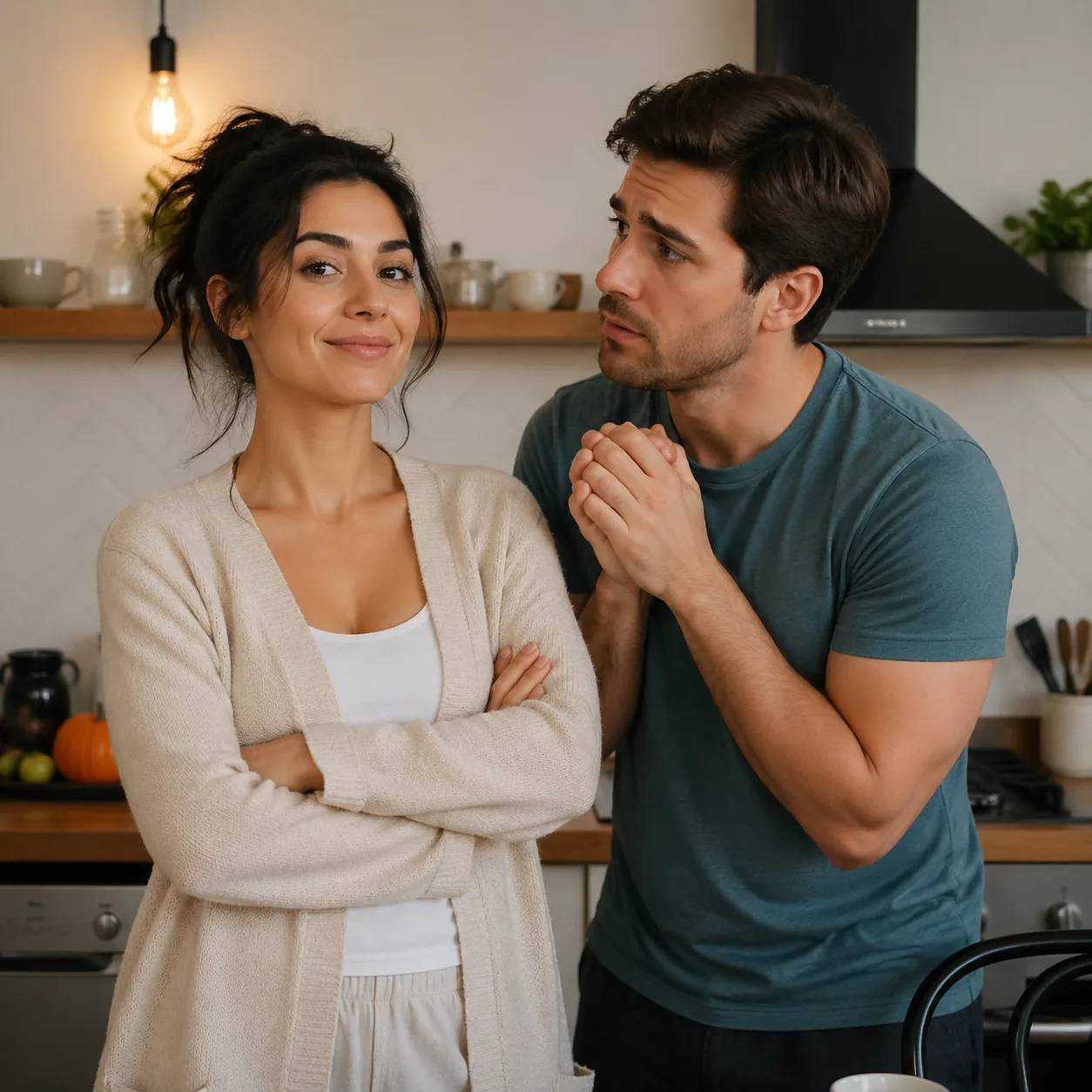 Funny realistic lifestyle photo of a wife standing calmly in a kitchen with folded arms while her husband looks nervousl