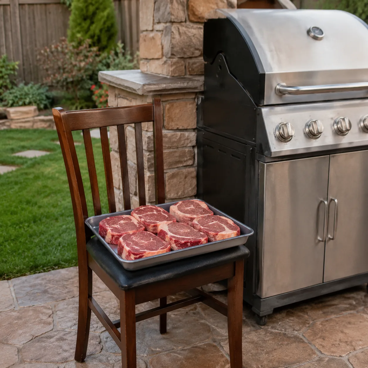 Realistic editorial outdoor kitchen photo of a grill with no counter space beside it, a tray of raw steaks awkwardly bal