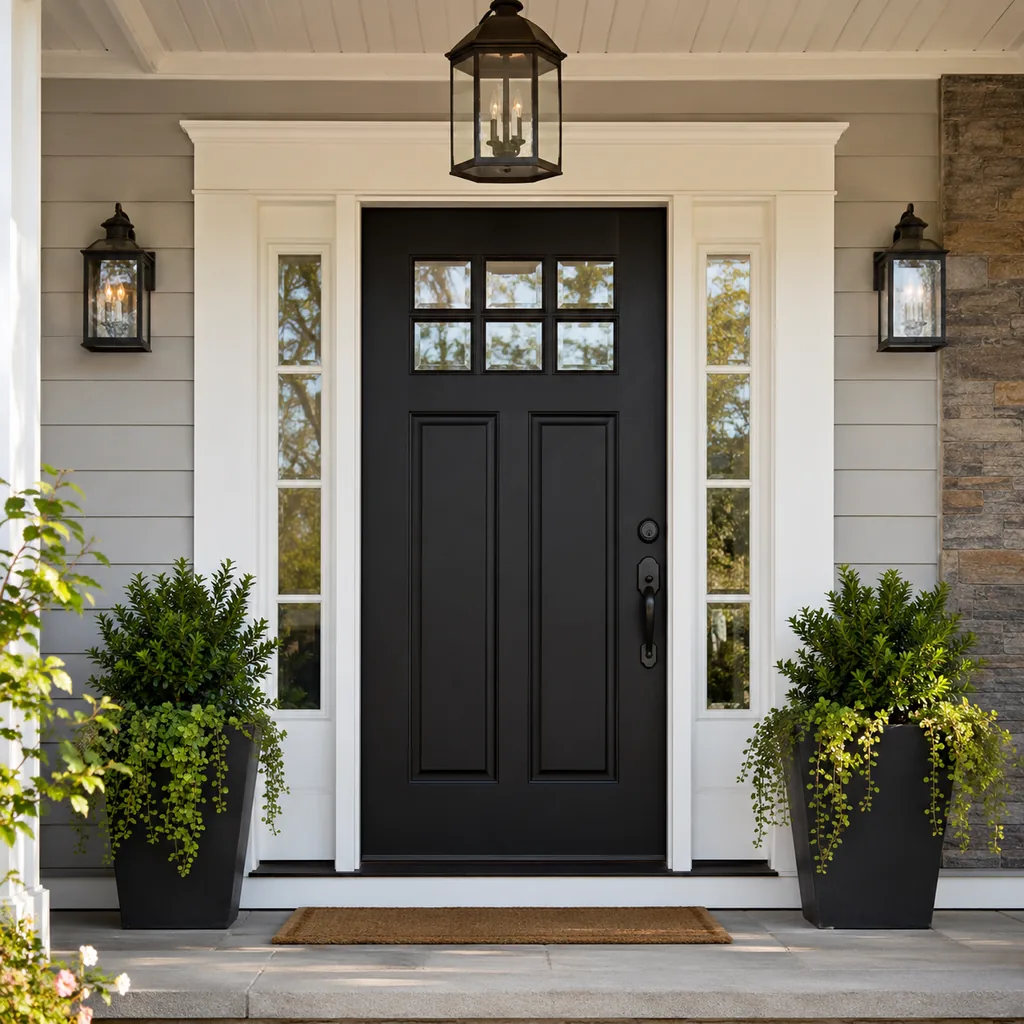 Realistic editorial photo of a black front door on an American home with trim, planters, hardware, and porch details showing front door finish without faded pat