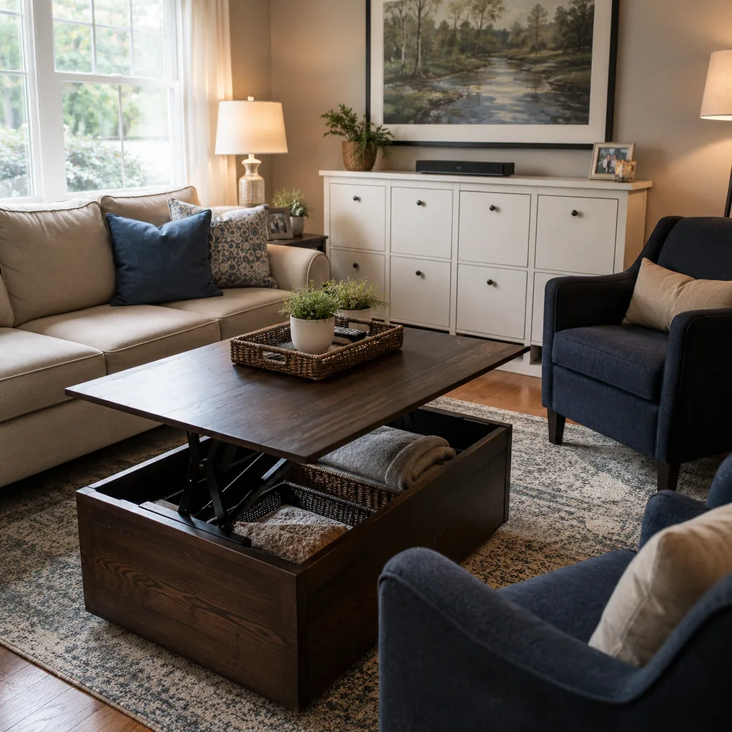 Realistic editorial photo of a compact living room with sofa, chairs, rug, coffee table, and window light showing storage that hides daily clutter