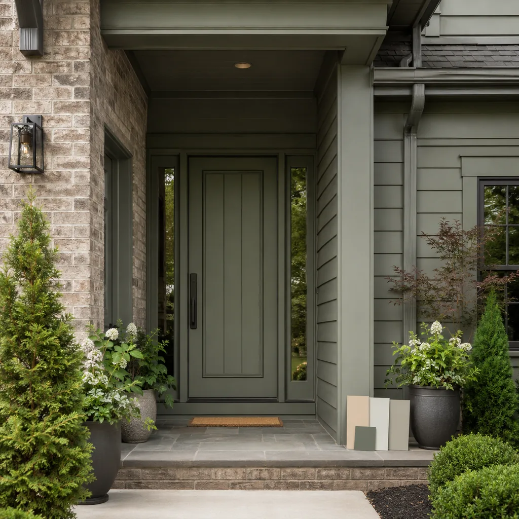Realistic editorial photo of a front entry with door paint samples, brick, siding, plants, and trim showing trend color used on every surface