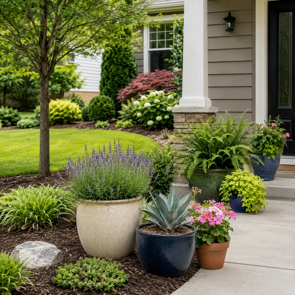 Realistic editorial photo of a landscaped American front yard with lawn, shrubs, mulch beds, trees, walkway, and house exterior showing container plants with di