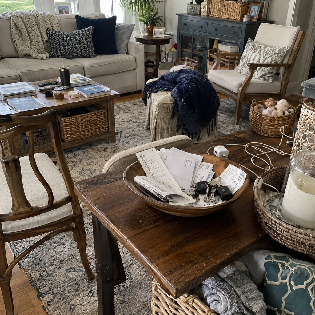Realistic editorial photo of a living room with crowded surfaces, extra chairs, baskets, blankets, cords, and storage furniture showing mail, keys, and receipts