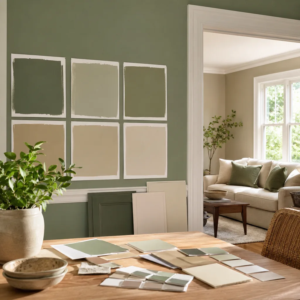 Realistic editorial photo of a room with paint swatches, sample boards, wall colors, trim, furniture, and daylight showing muted green that makes beige look cle