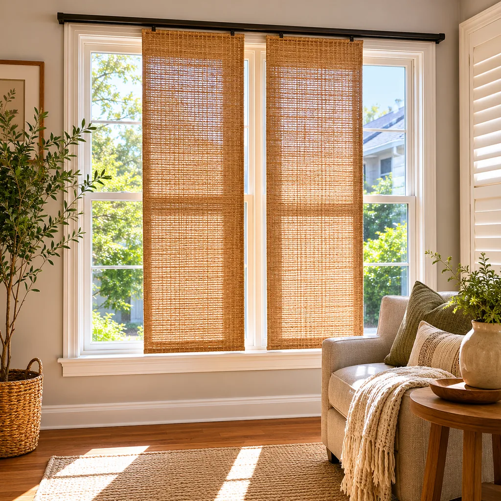 Realistic editorial photo of a room with windows, shades, shutters, woven panels, privacy film, and soft natural light showing panels too narrow for the window