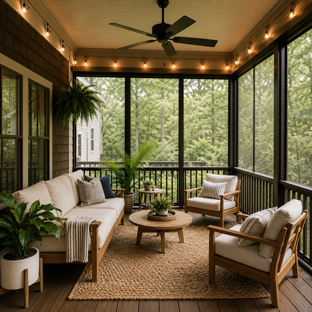 Realistic editorial photo of a screened porch with sofa, chairs, rug, plants, ceiling fan, screens, and soft daylight showing warm bulbs instead of harsh blue l
