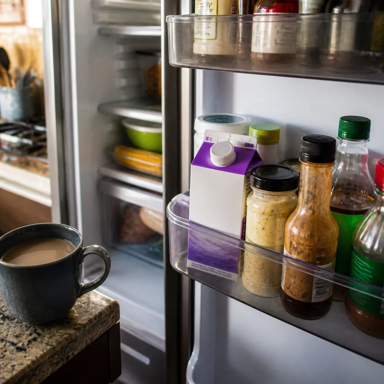 Realistic editorial photo of a small half-and-half carton in a crowded refrigerator door compartment, coffee mug visible