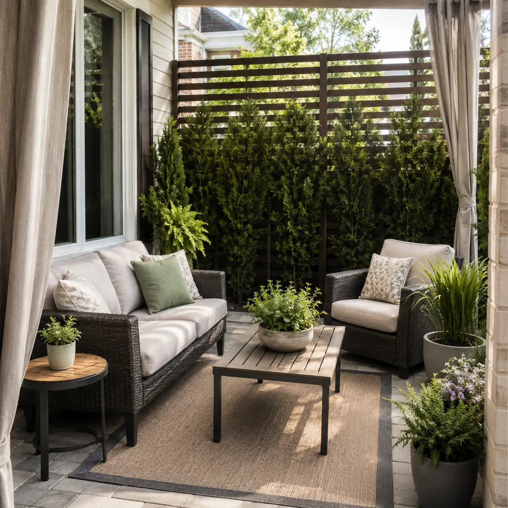 Realistic editorial photo of a small patio with compact seating, outdoor rug, plants, side table, curtains, and privacy screen showing shrubs that hide the wind