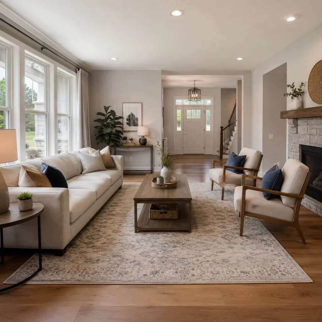 Realistic editorial photo of a staged American living room with sofa, rug, windows, lighting, and buyer-facing details showing traffic path that does not cut th