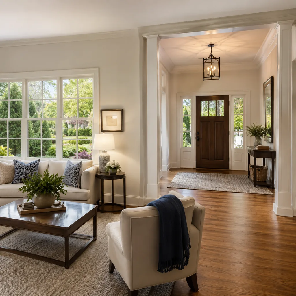 Realistic editorial photo of a staged home interior with living room, entry, lighting, furniture placement, and listing-photo details showing landscaping that h