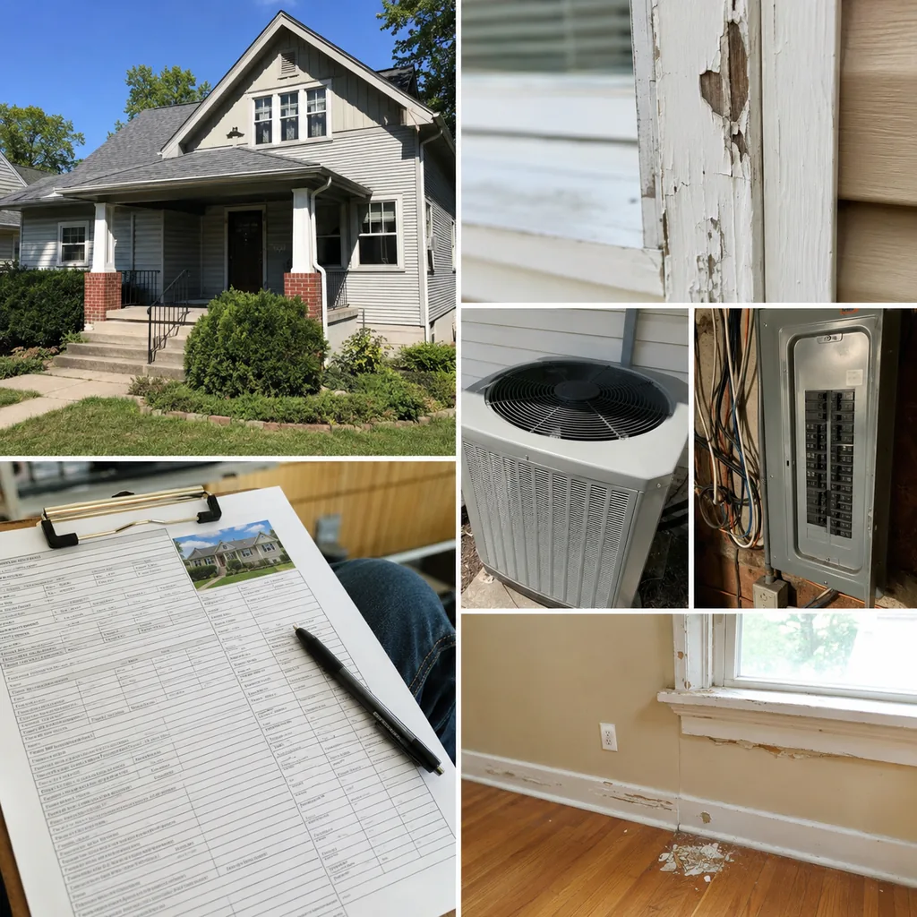 Realistic editorial photo of a suburban American home with appraisal paperwork, exterior details, utilities, and interior repair clues showing peeling paint on 