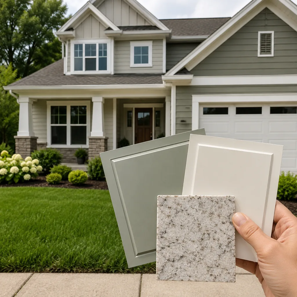Realistic editorial photo of a suburban home exterior with siding, trim, roof, front door, lawn, and paint swatches showing cabinet paint fighting the counterto