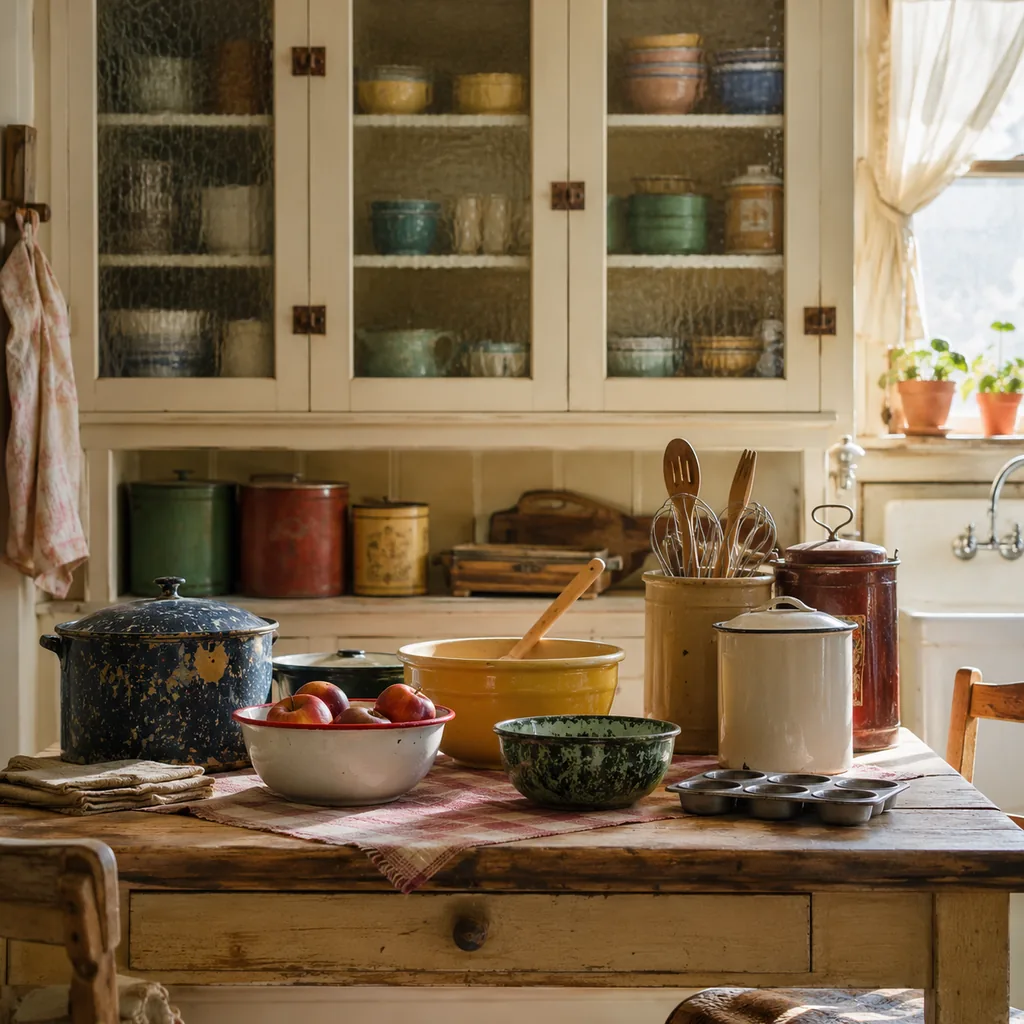 Realistic editorial photo of a vintage kitchen table with bowls, enamel cookware, utensils, tins, and warm window light showing cabinets with wavy glass