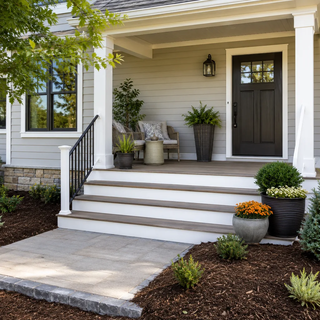 Realistic editorial photo of an American front porch with siding, steps, planters, seating, and a visible front door showing fresh mulch around the approach