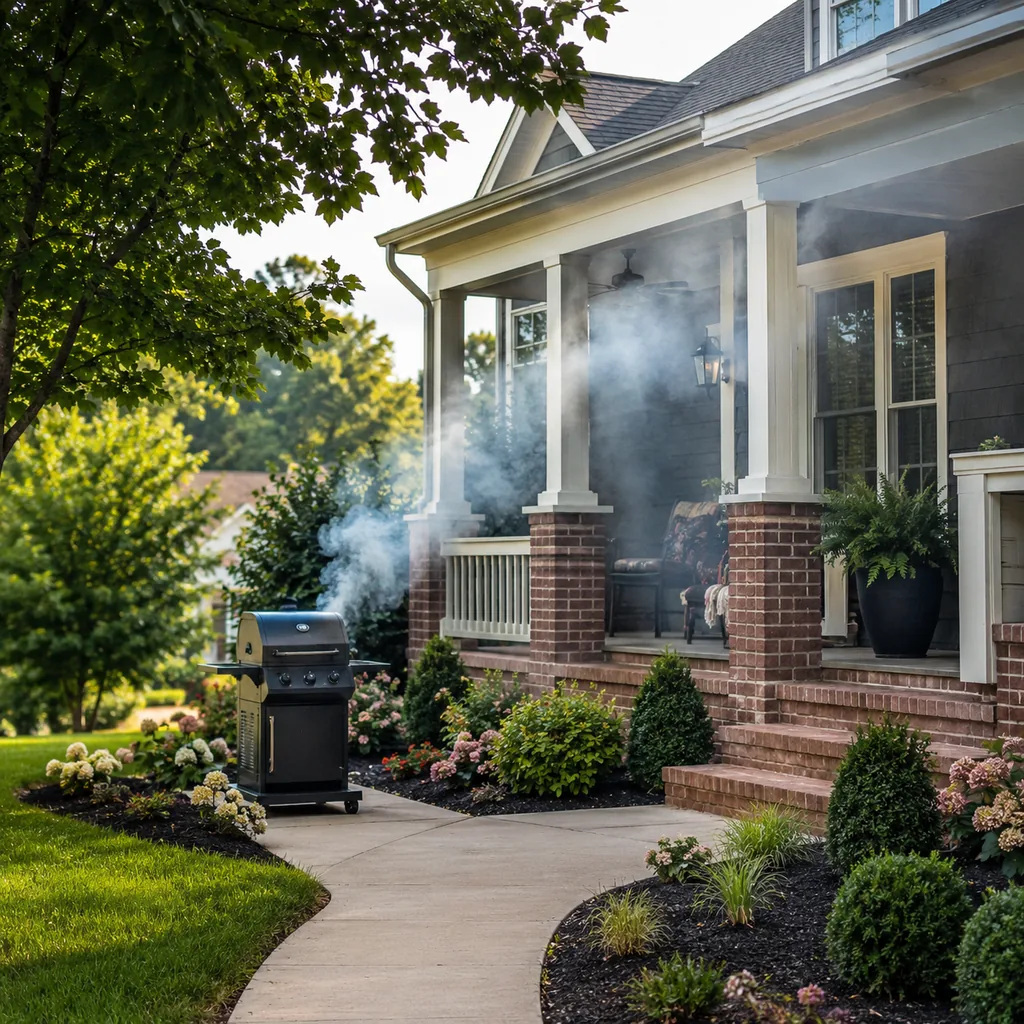 Realistic editorial photo of an American front yard with lawn, shrubs, walkway, mulch beds, trees, and a front porch showing grill placed in the smoke path