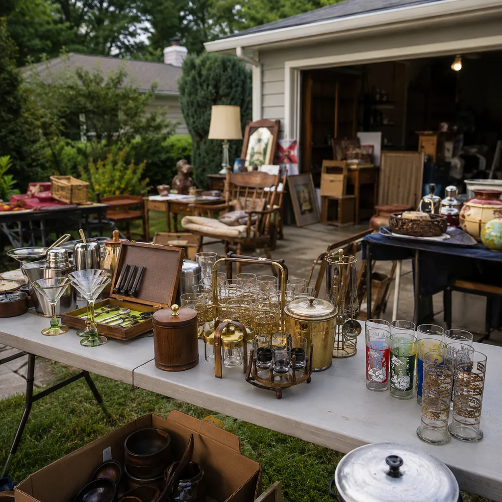 Realistic editorial photo of an American garage sale with folding tables, boxes, old kitchen items, furniture, and collectibles showing vintage barware sets