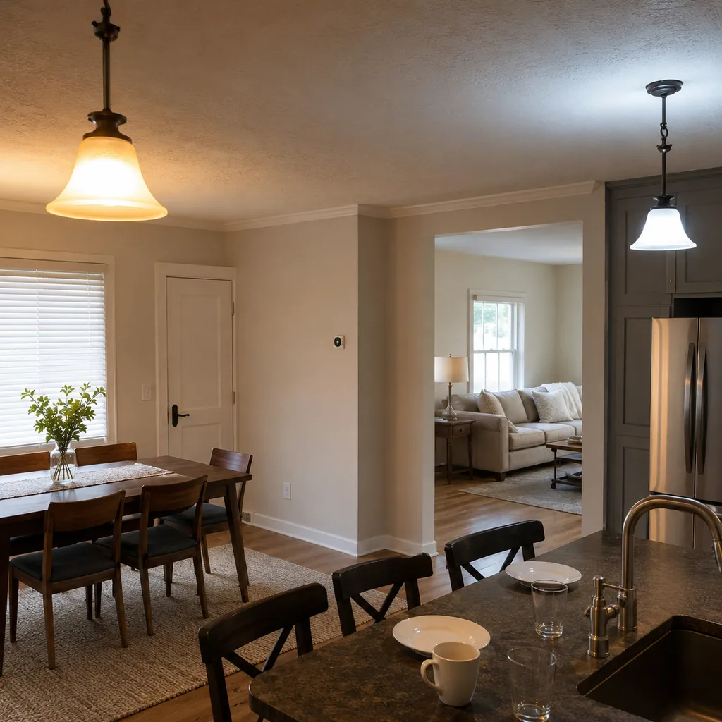 Realistic editorial photo of an American home lighting showing using bulbs with mismatched color temperatures